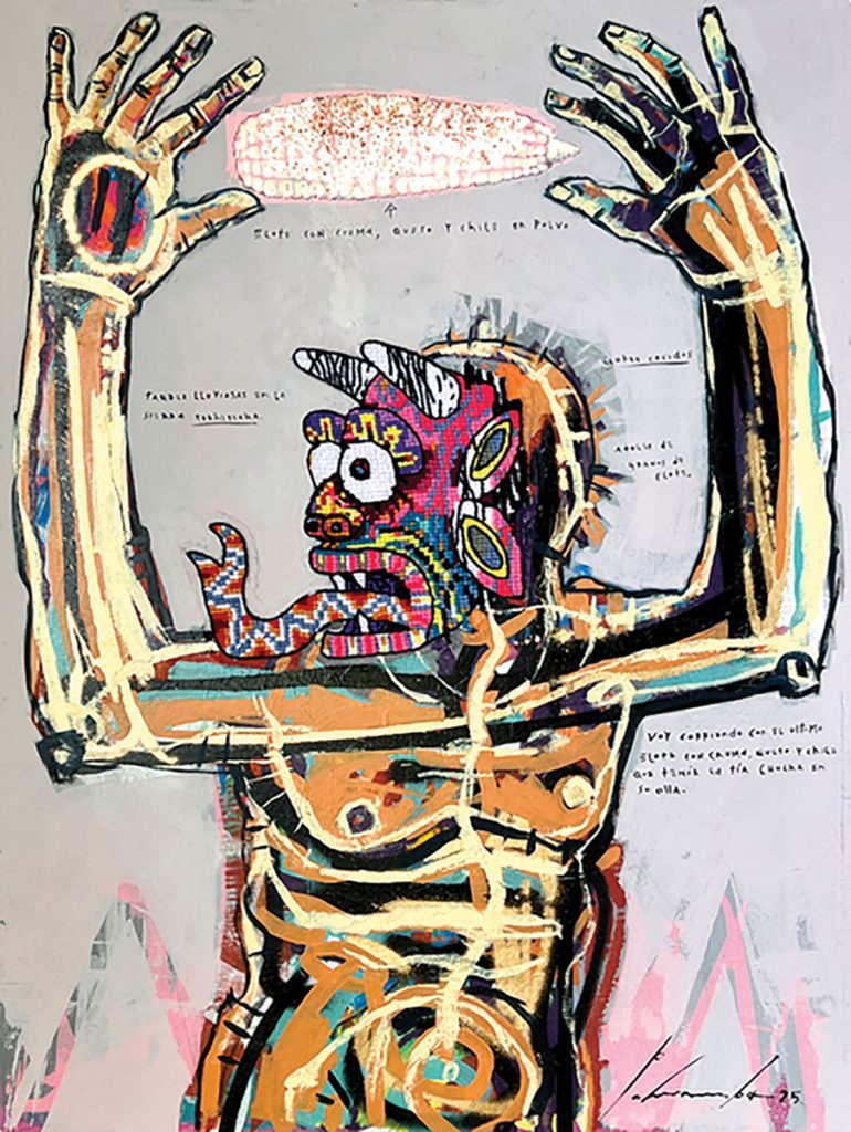 Angel Pahuamba Con sal y limon y chile, Acrylic, oil, enamel and embroidery on Acrilan on fabric